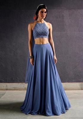 Slate Blue Embroidered Handwork Lehenga Set