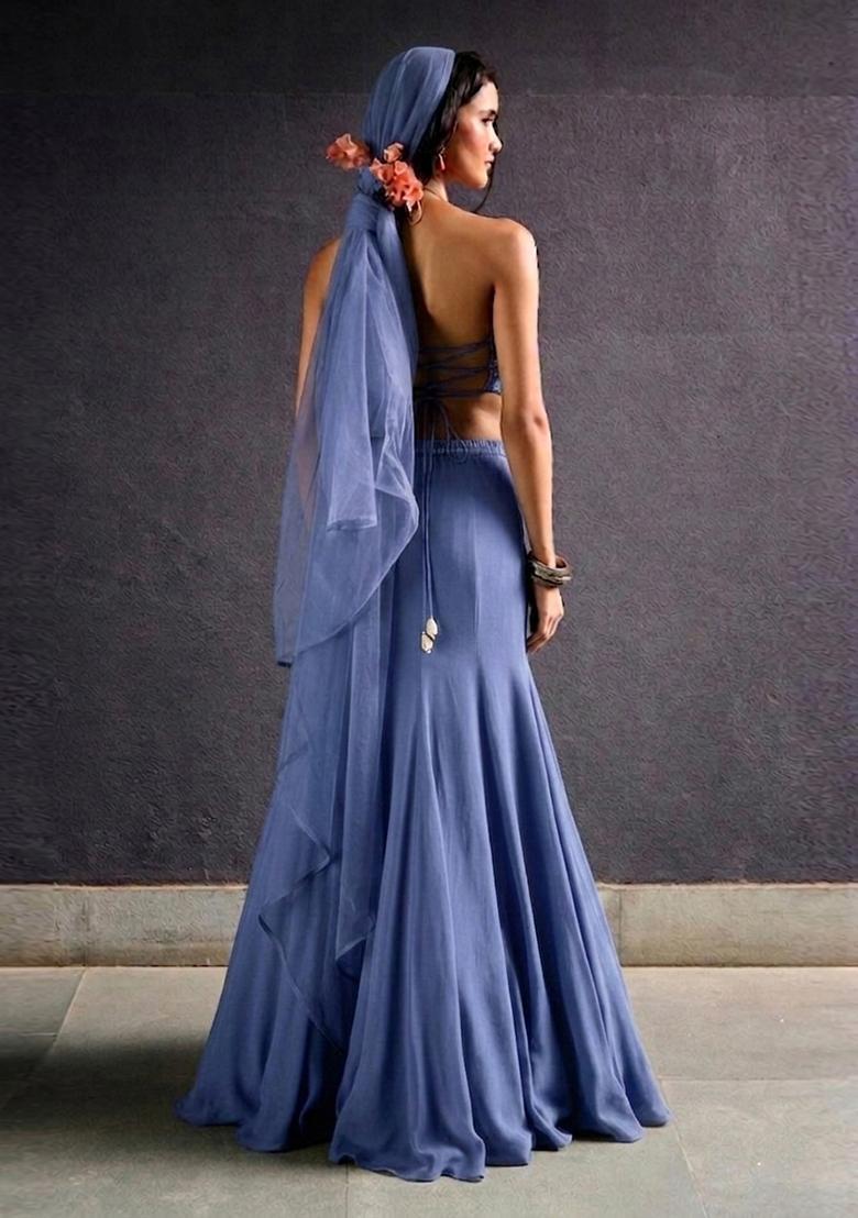 Slate Blue Embroidered Handwork Lehenga Set - Indya