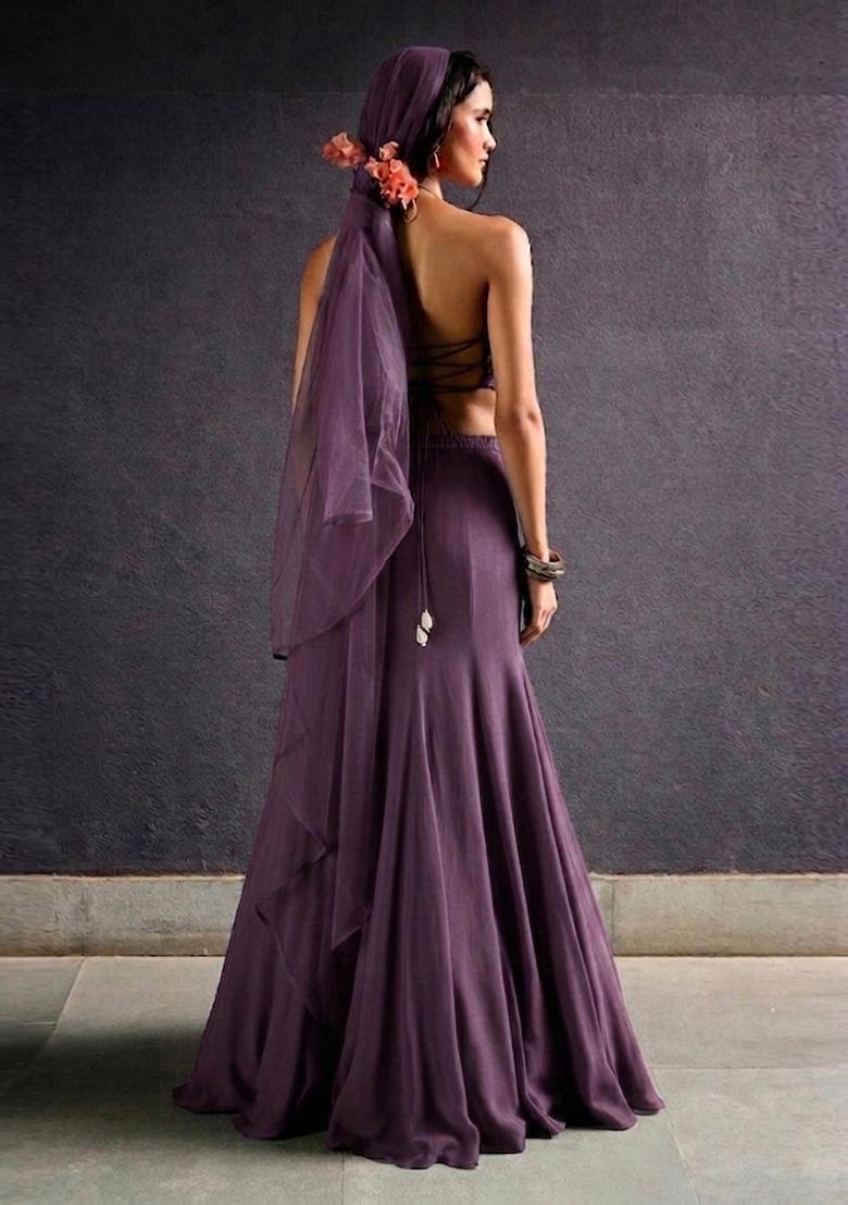 Mauve Purple Embroidered Handwork Lehenga Set - Indya