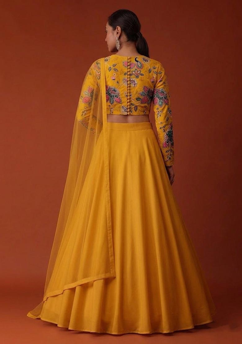 Mustard Yellow Printed Organza Lehenga Set - Indya