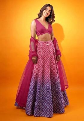 Magenta Pink Printed Silk Blend Lehenga Set