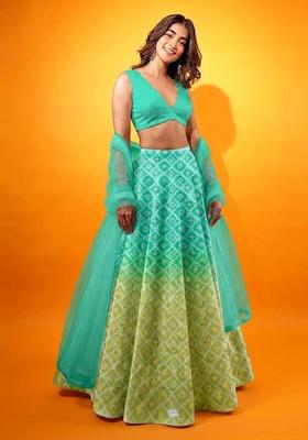 Aqua Green Printed Silk Blend Lehenga Set