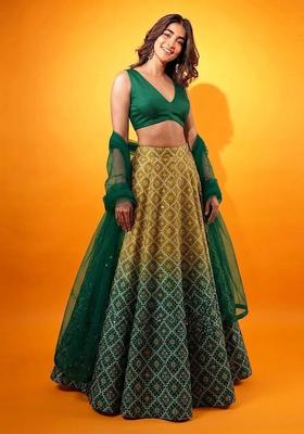 Bottle Green Printed Silk Blend Lehenga Set