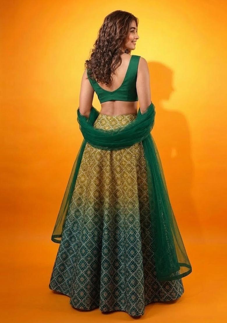 Bottle Green Printed Silk Blend Lehenga Set - Indya