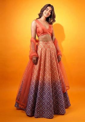 Coral Orange Printed Silk Blend Lehenga Set