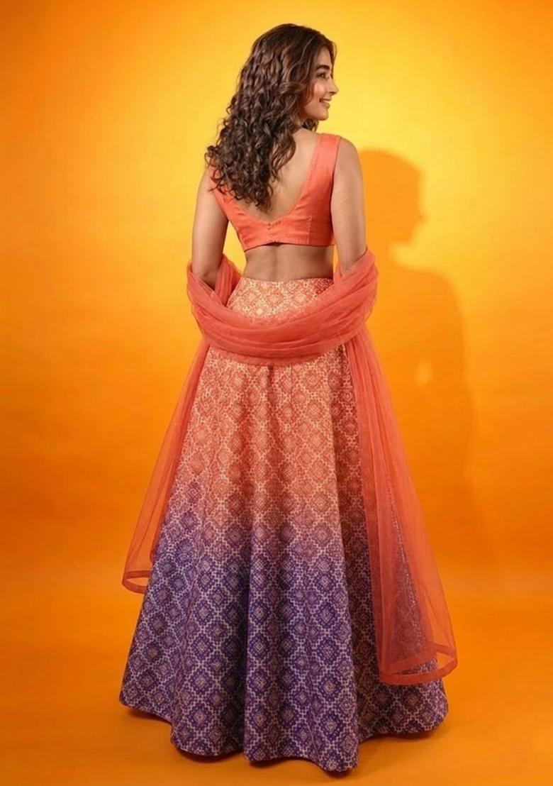 Coral Orange Printed Silk Blend Lehenga Set - Indya