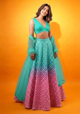 Turquoise Blue Printed Silk Blend Lehenga Set