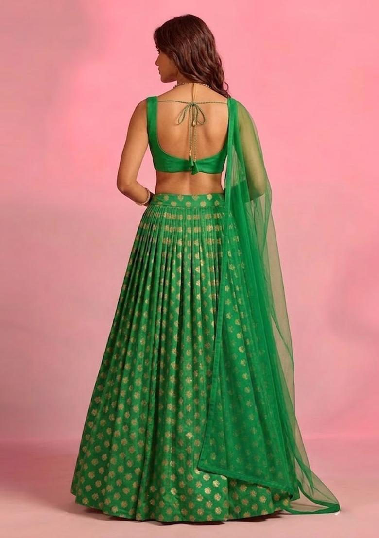 Green Zari Satin Lehenga Set - Indya