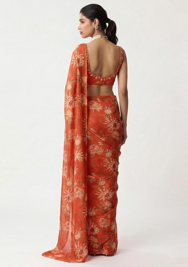 Orange Printed Handwork Georgette Pre Draped Saree Set - Indya