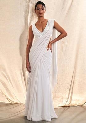 Pearl White Embroidered Handwork Pre Draped Saree Set