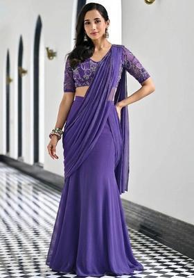 Powder Blue Embroidered Handwork Pre Draped Saree Set
