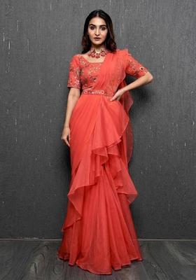 Coral Orange Embroidered Handwork Pre Draped Saree Set