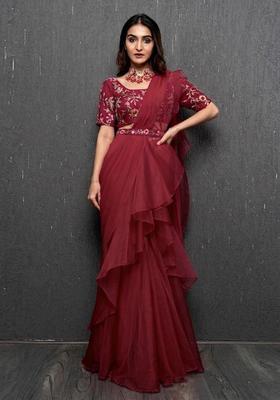 Maroon Red Embroidered Handwork Pre Draped Saree Set