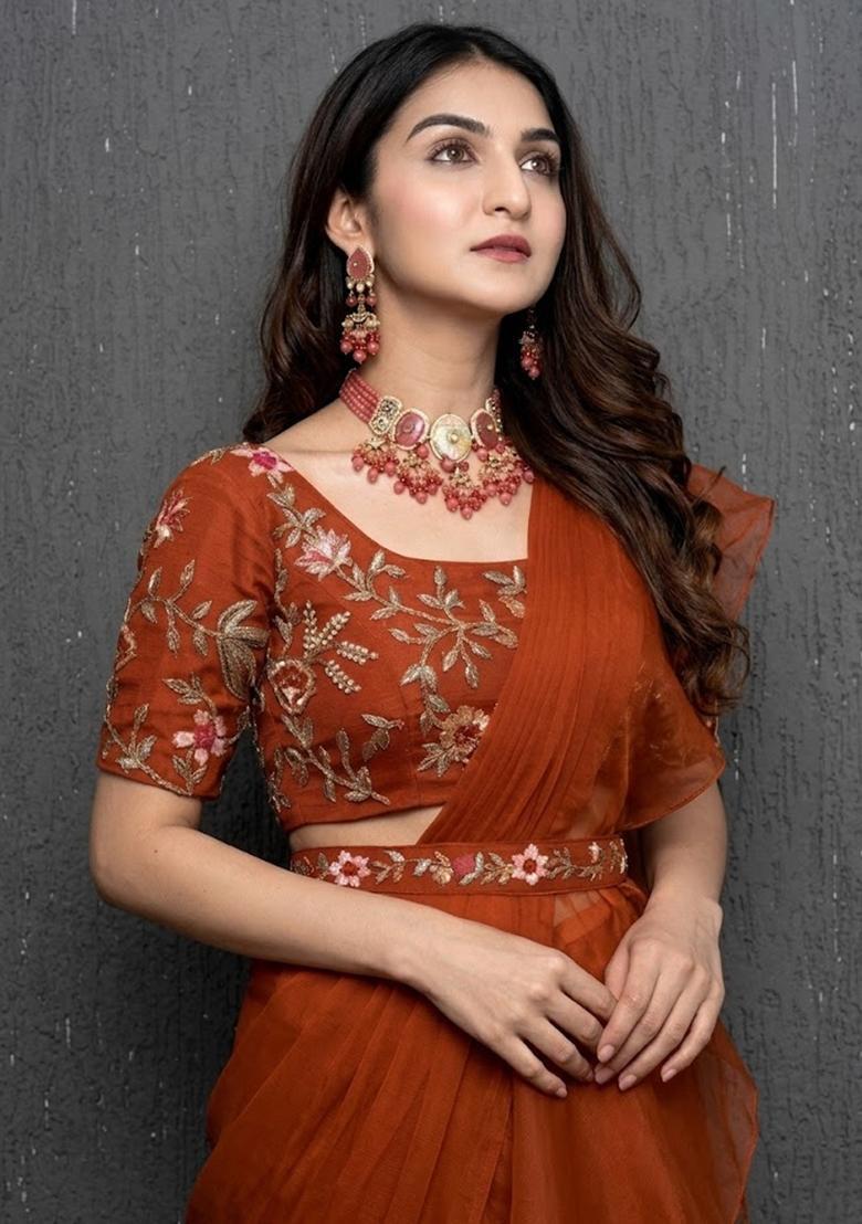 Rust Orange Embroidered Handwork Pre Draped Saree Set - Indya