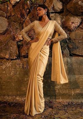 Champagne Gold Embroidered Tissue Pre Draped Saree Set
