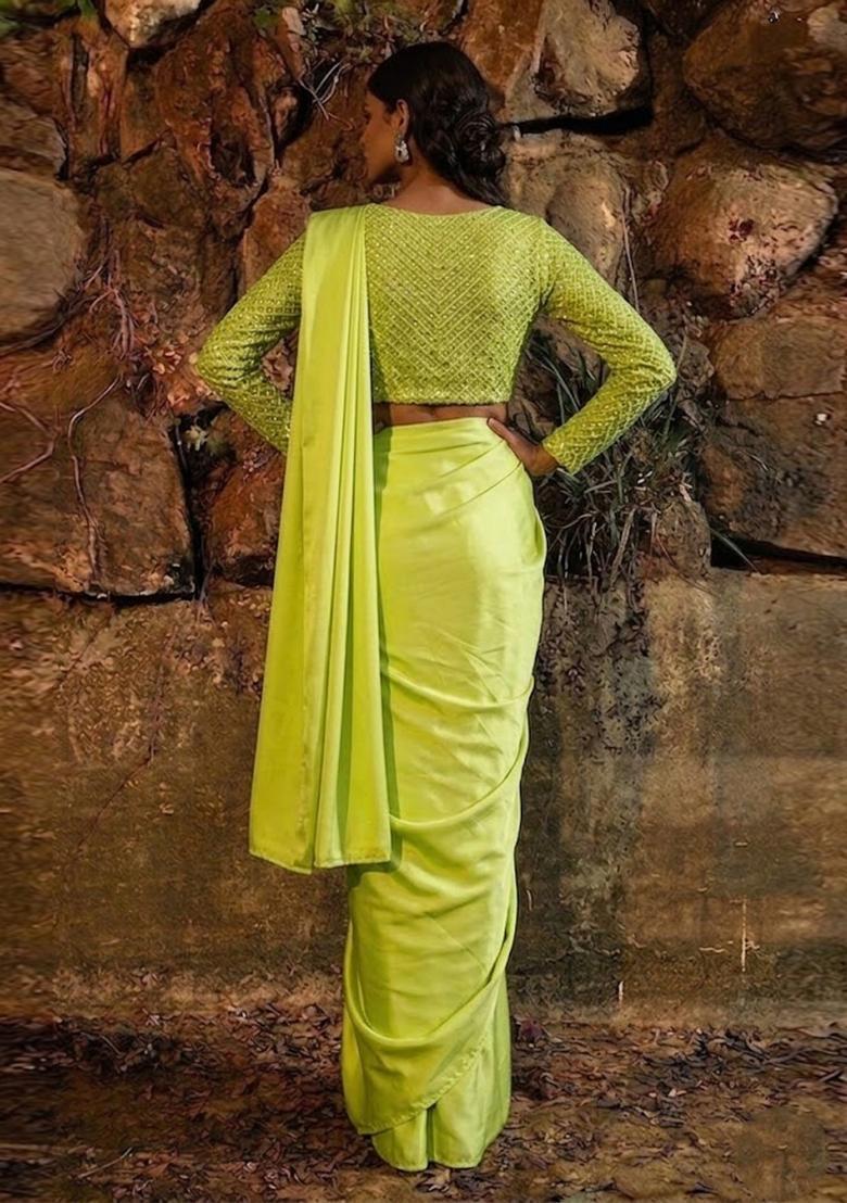 Mint Embroidered Tissue Pre Draped Saree Set - Indya