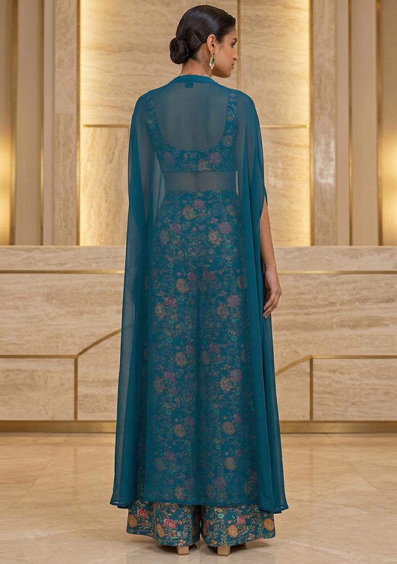 Teal Blue Embroidered Crepe Fusion Set - Indya