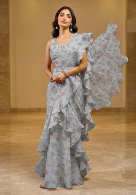 Powder Blue Embroidered Organza Pre Draped Saree Set