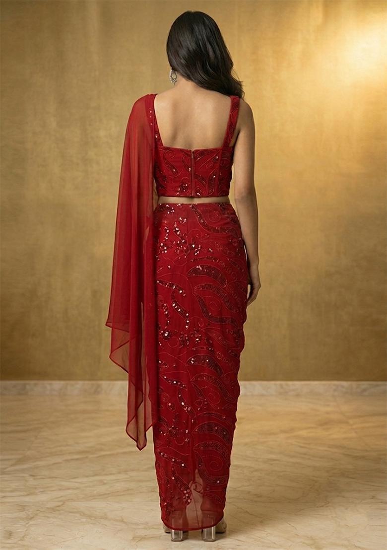 Cherry Red Embroidered Georgette Pre Draped Saree Set - Indya
