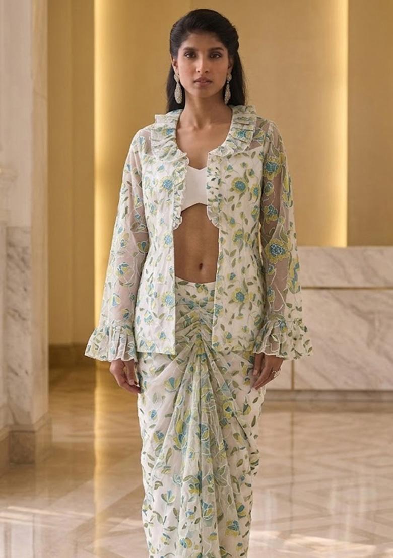 Off White Embroidered Organza Fusion Set - Indya