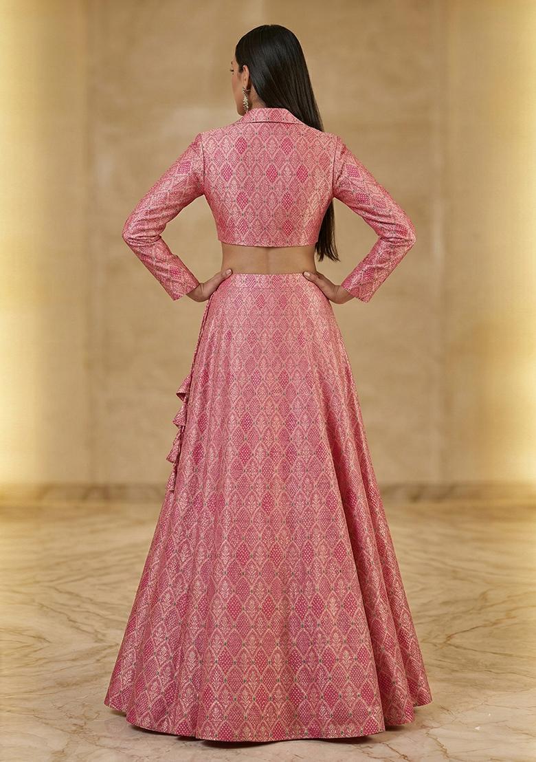 Rose Pink Jacquard Silk Blend Lehenga Set - Indya