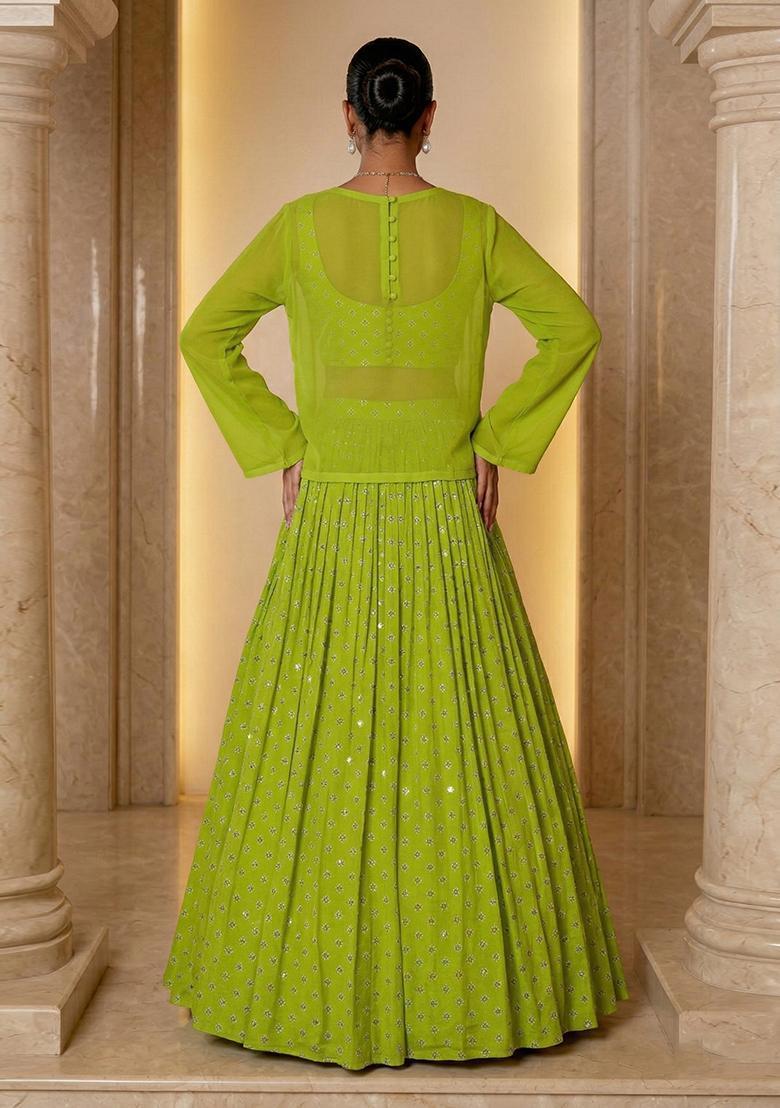 Lime Green Embroidered Chinon Lehenga Set - Indya
