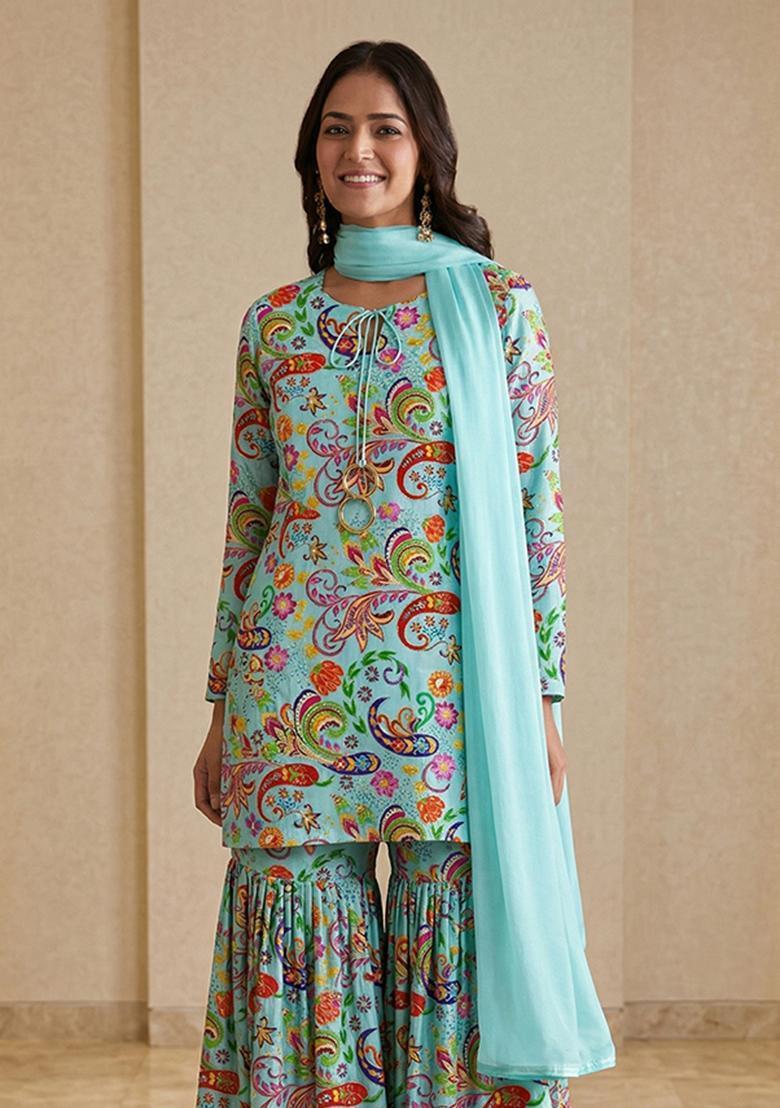 Sky Blue Embroidered Tissue Sharara Set - Indya