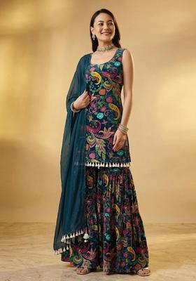 Teal Green Embroidered Tissue Sharara Set