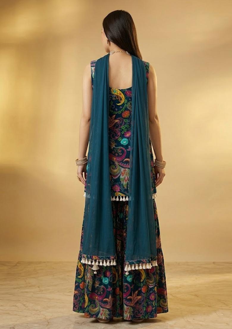 Teal Green Embroidered Tissue Sharara Set - Indya