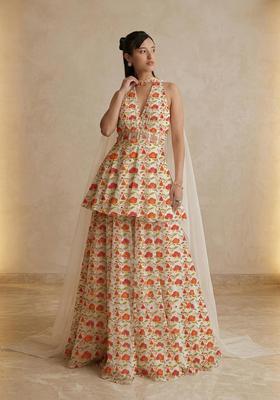 Off White Printed Crepe Sharara Set