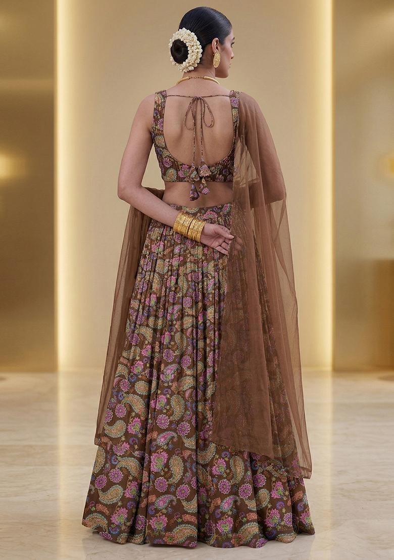 Chocolate Brown Printed Organza Lehenga Set - Indya