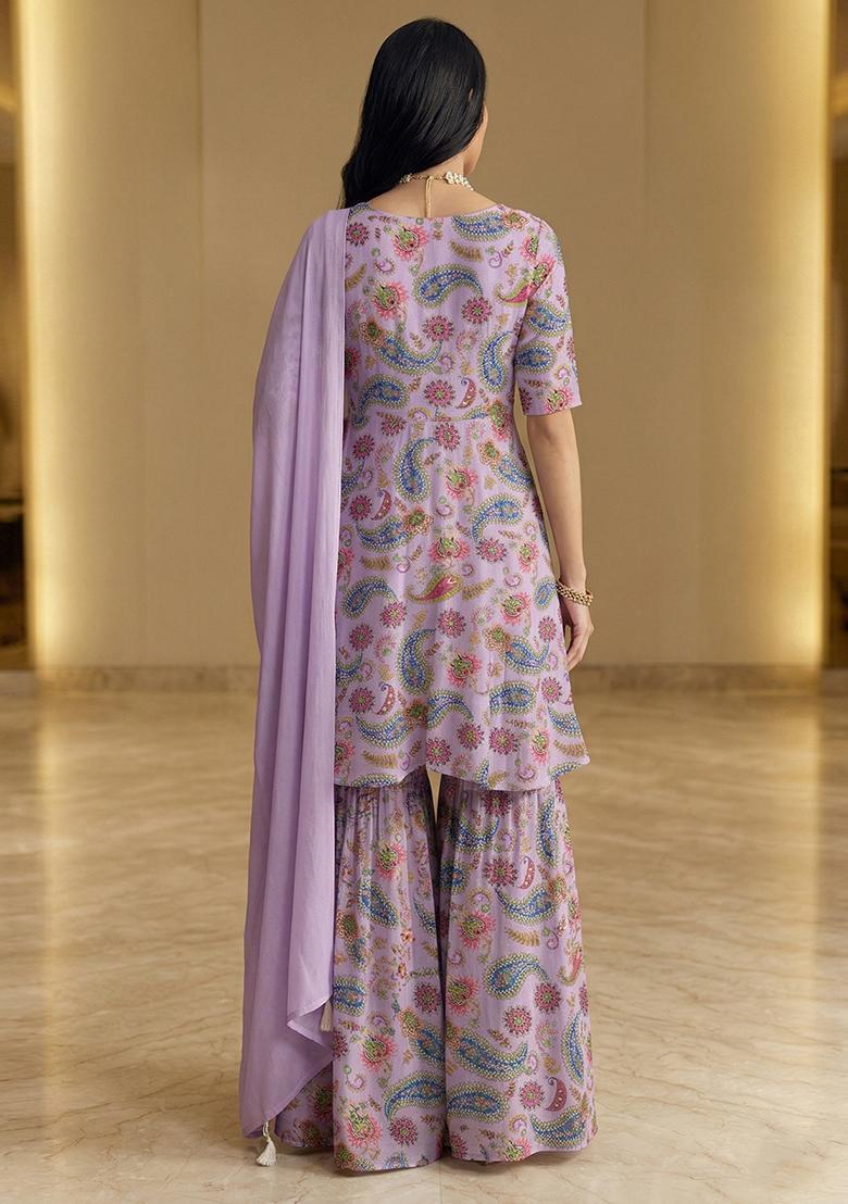 Lavender Printed Organza Sharara Set - Indya
