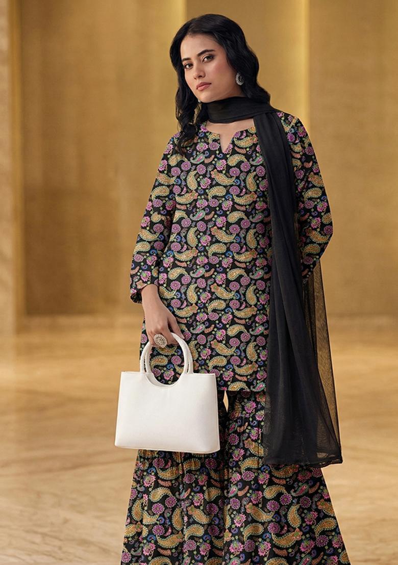 Black Printed Organza Sharara Set - Indya