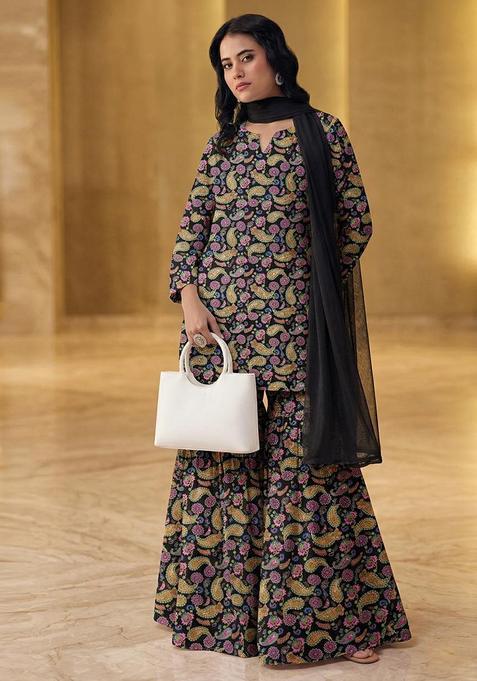 Black Printed Organza Sharara Set