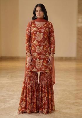 Rust Embroidered Crepe Sharara Set
