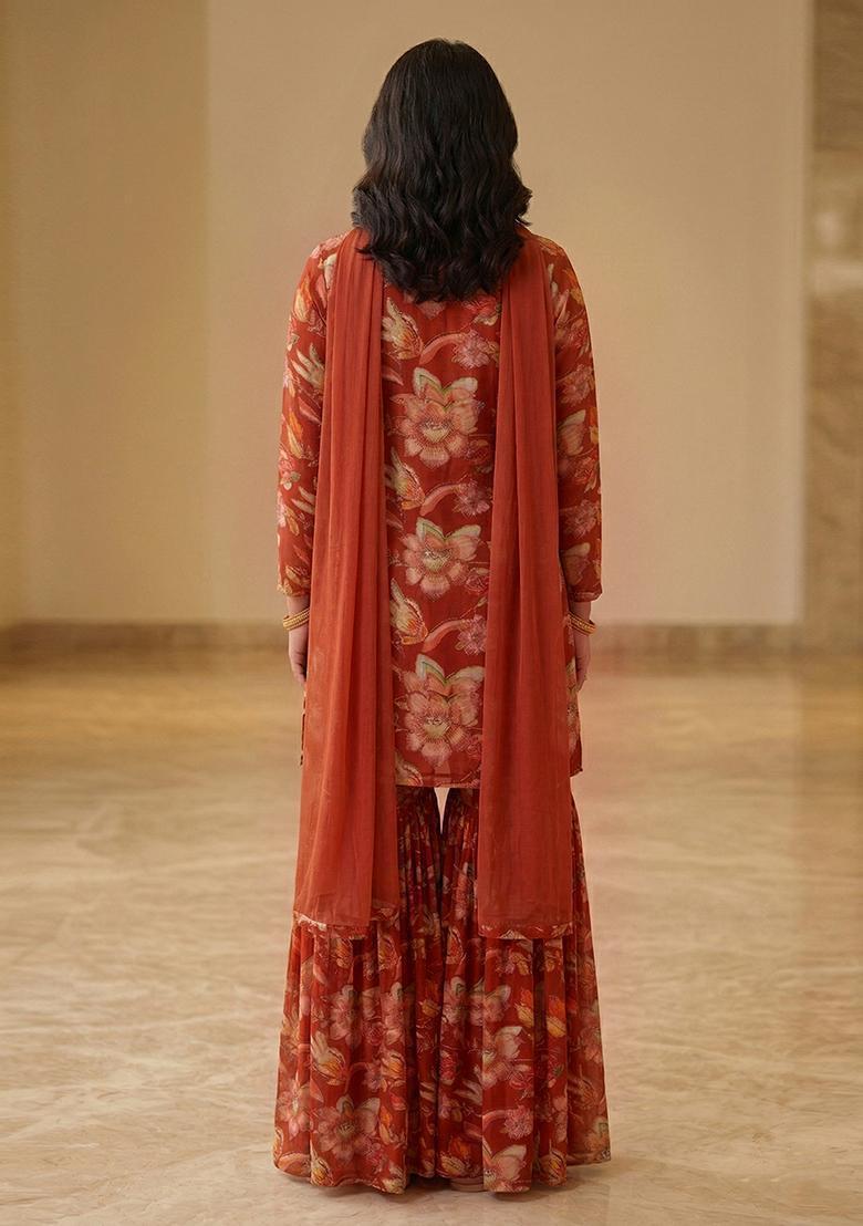 Rust Embroidered Crepe Sharara Set - Indya