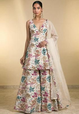Off White Embroidered Crepe Sharara Set