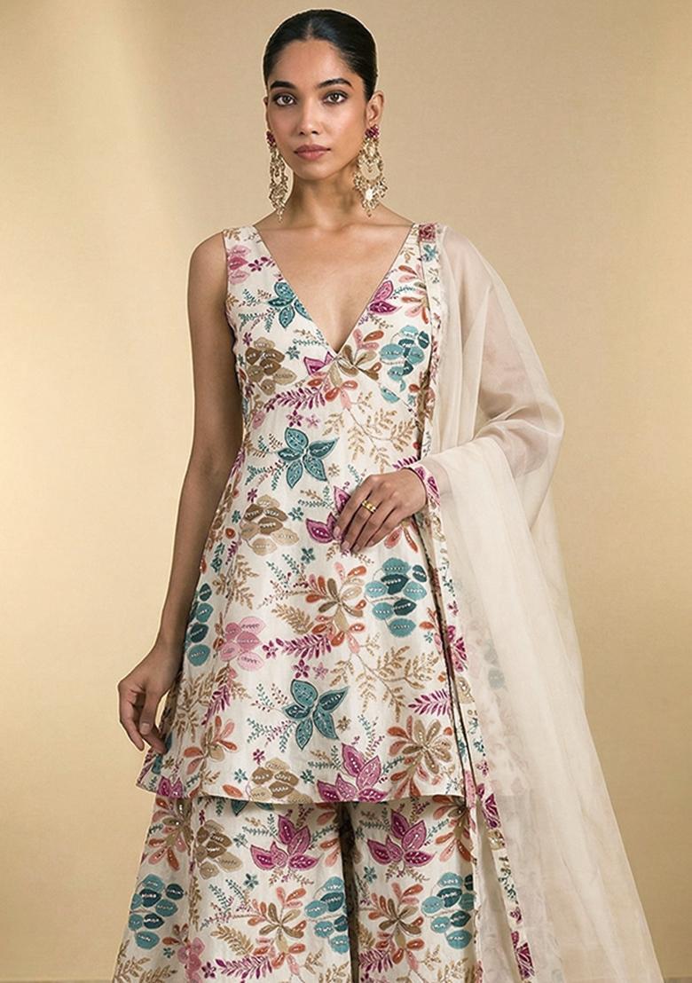Off White Embroidered Crepe Sharara Set - Indya