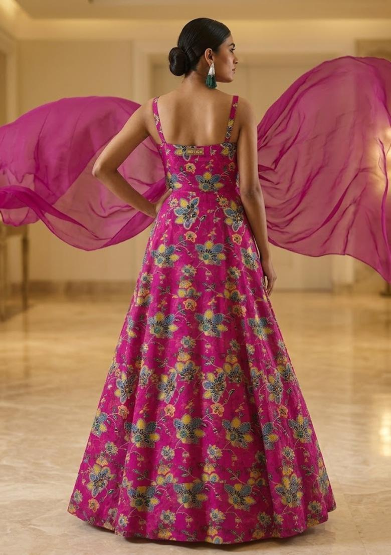 Magenta Printed Crepe Anarkali with Dupatta - Indya