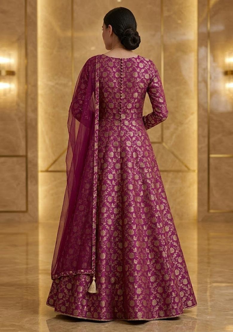 Wine Magenta Printed Crepe Anarkali Set - Indya