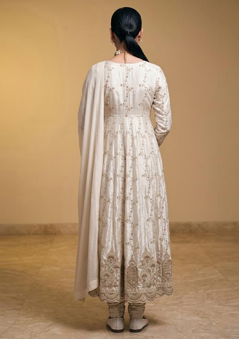 Off White Embroidered Net Anarkali Set - Indya