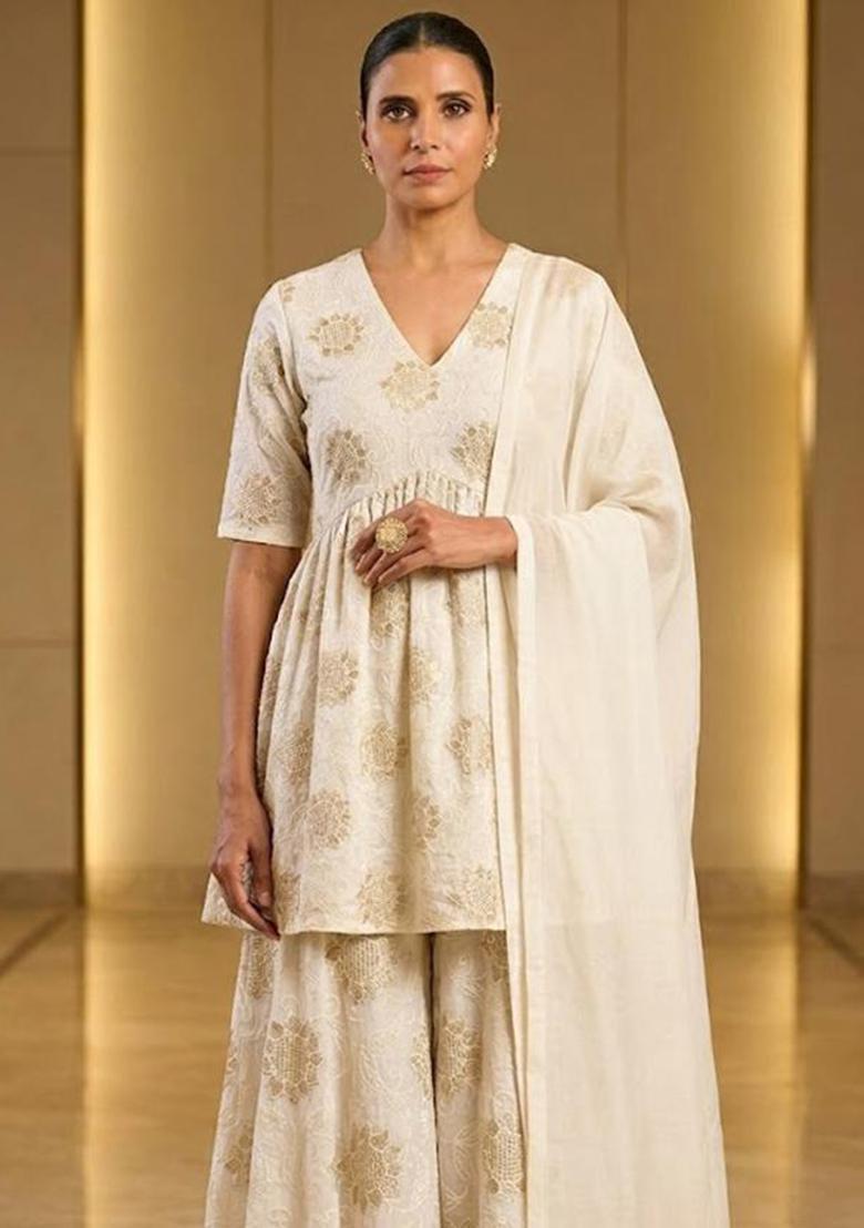 Off White Printed Crepe Sharara Set - Indya