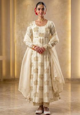 Off White Printed Crepe Anarkali Set
