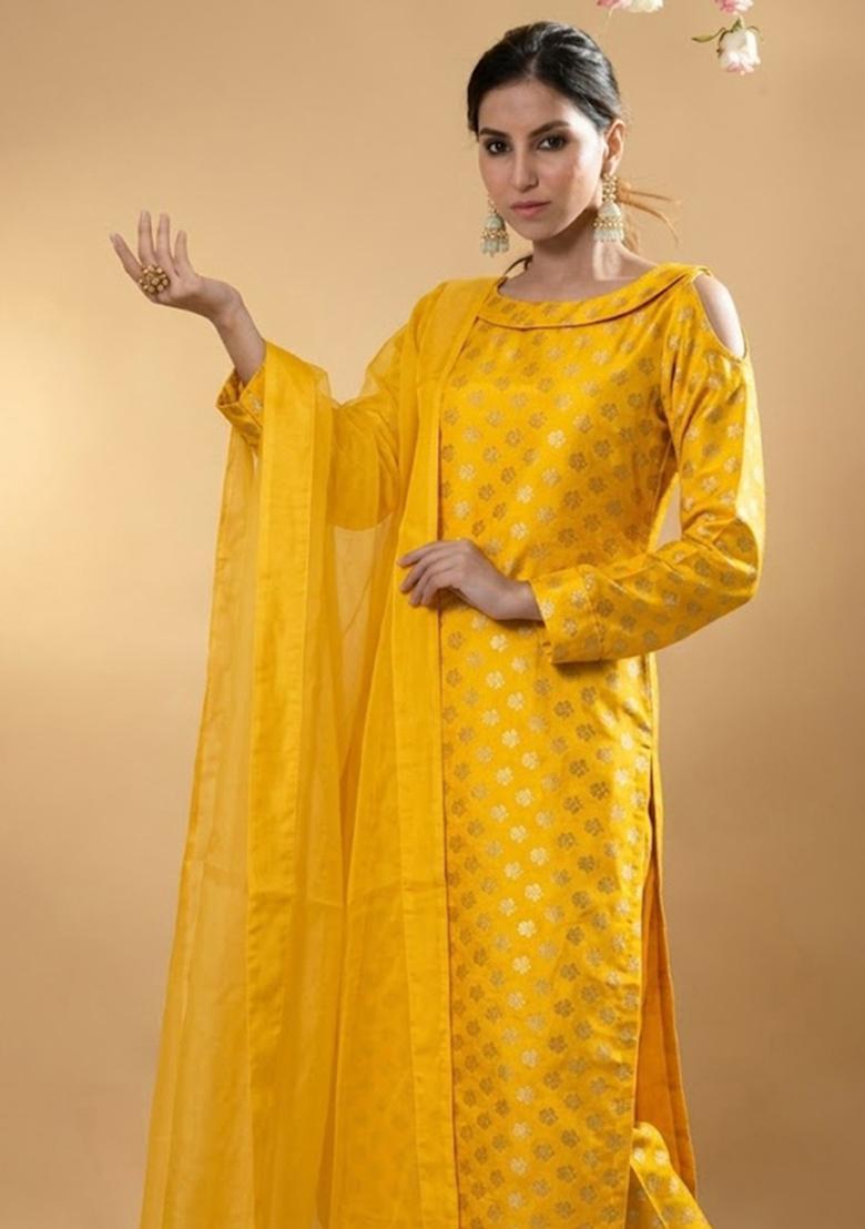 Bright Yellow Printed Crepe Kurta Set - Indya