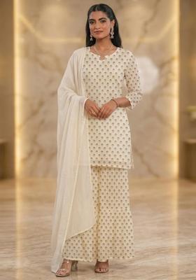 Off White Jacquard Chanderi Sharara Set