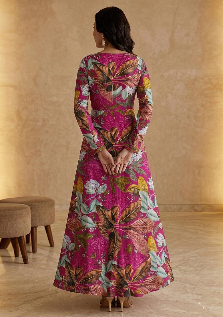 Magenta Pink Printed Crepe Anarkali with Dupatta - Indya