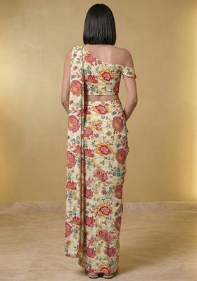 Ivory White Embroidered Crepe Pre Draped Saree Set