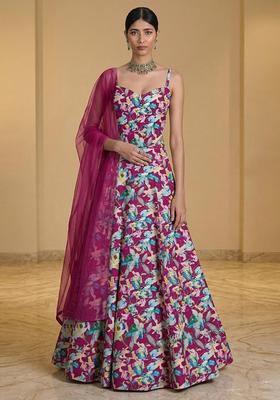 Magenta Pink Printed Crepe Lehenga Set