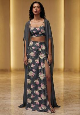 Charcoal Grey Printed Satin Fusion Set