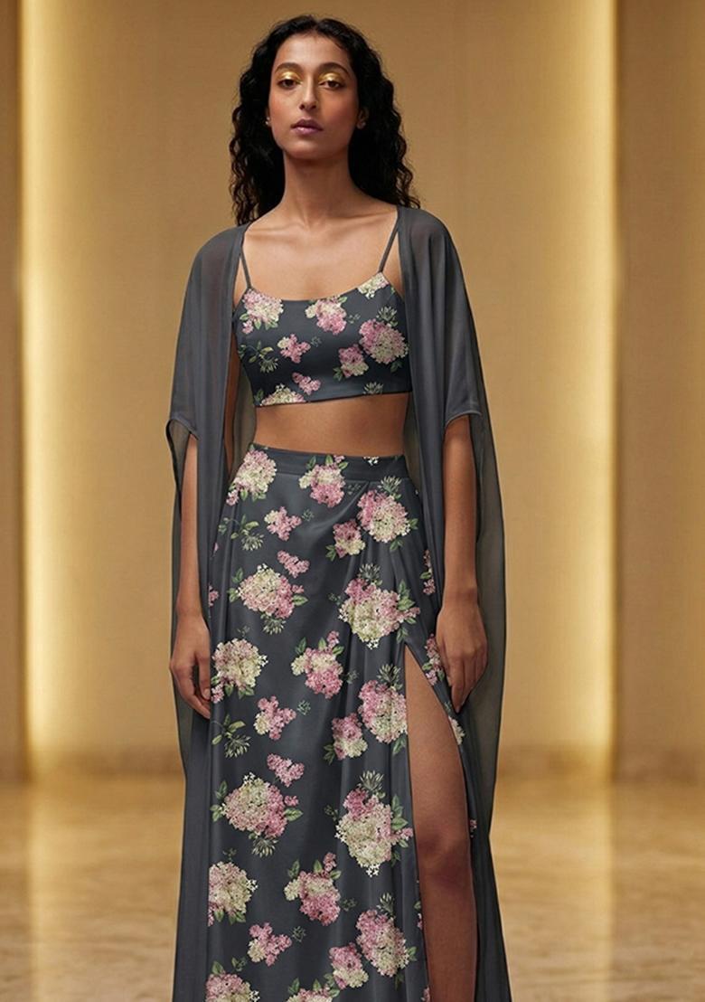 Charcoal Grey Printed Satin Fusion Set - Indya